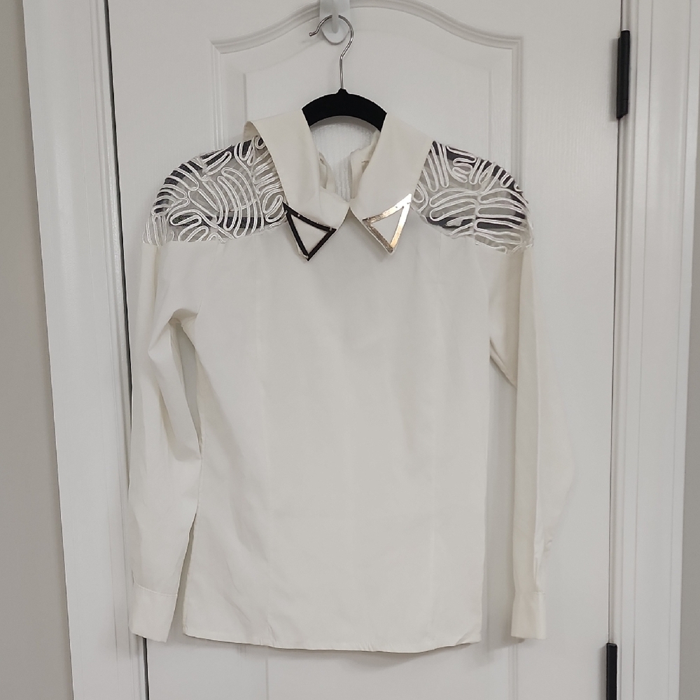 The O Boutique White Graphic Embellished Button Down Shirt